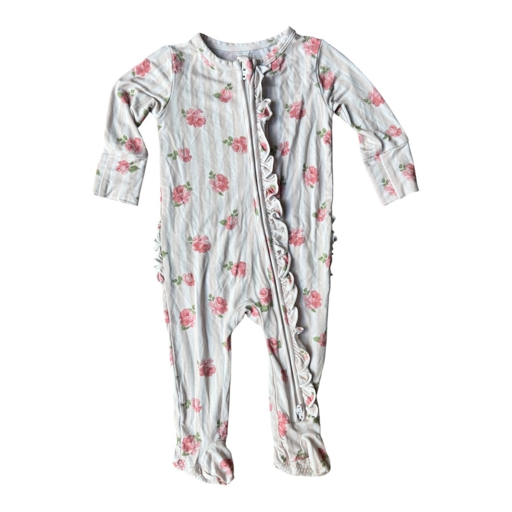 Caden Lane Pink Rose Striped Bamboo Ruffle Footie Sleeper 0-3 Months